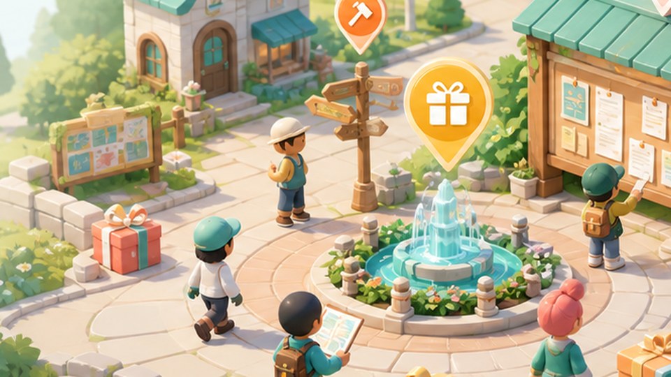 Heartopia event plaza with festival markers